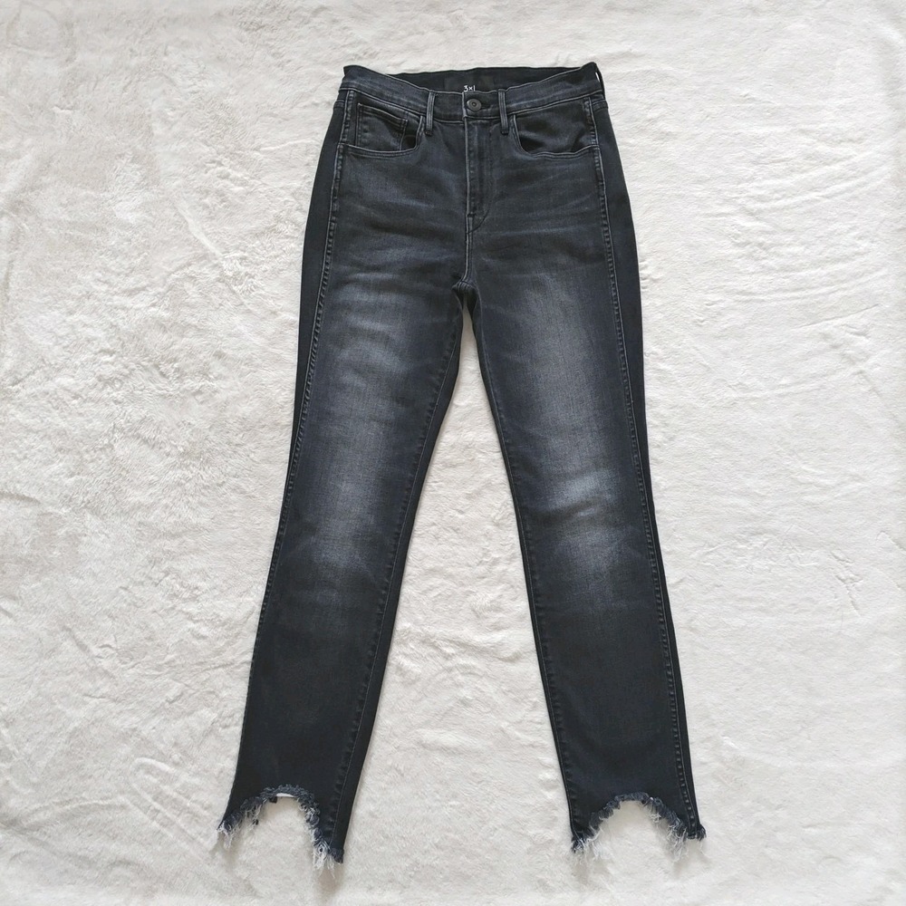 3x1 N.Y.C Elise Charcoal 26 Jeans Raw Distressed Chew Hem Mid Rise Straight Leg
